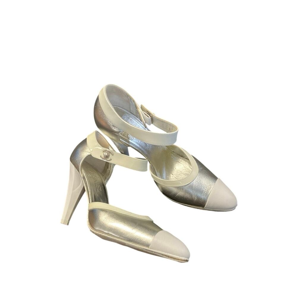 CHANEL Metallic Silver White Cap Toe Ankle Strap Pumps Heels